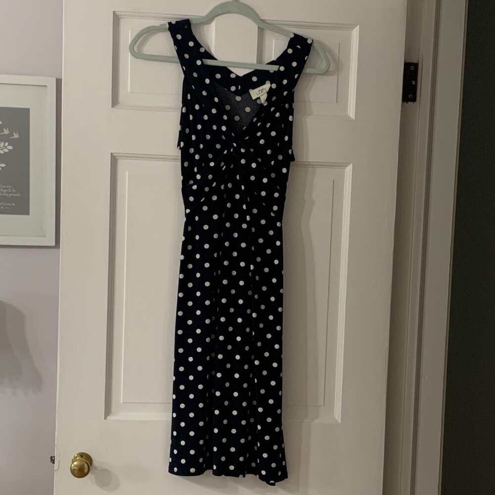 Loft Navy Stretch dress with Polka dots,  criss cross bodice, size 8 - Picture 2 of 9